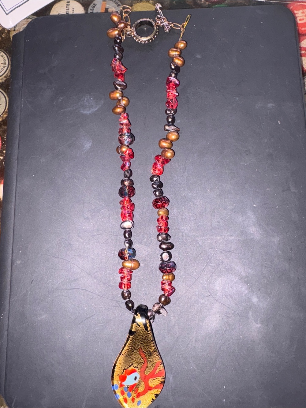 Handcrafted necklace Gold,Red & Blue Glass Pendant beaded w/ coordinated colors